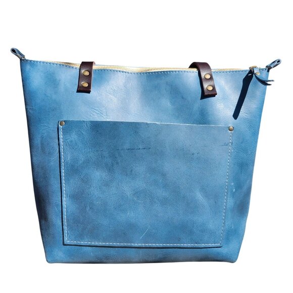 Portland Leather Handbags - Portland Leather Limited Edition Leather Tote Bag Medium Zipper Aqua Brown Strap